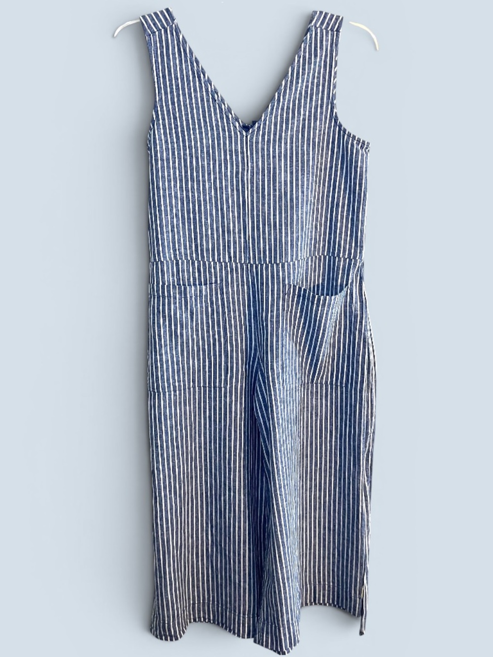beachlunchlounge Blue Striped Linen Cotton Wide Leg Cropped Jumpsuit Size M